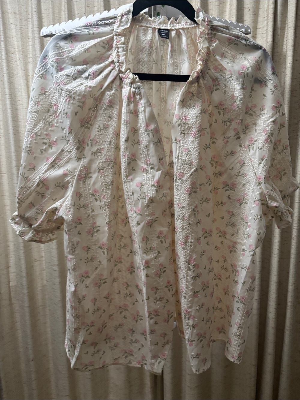 SHEIN Cream Floral Tie-Neck Blouse with Pink Accents
